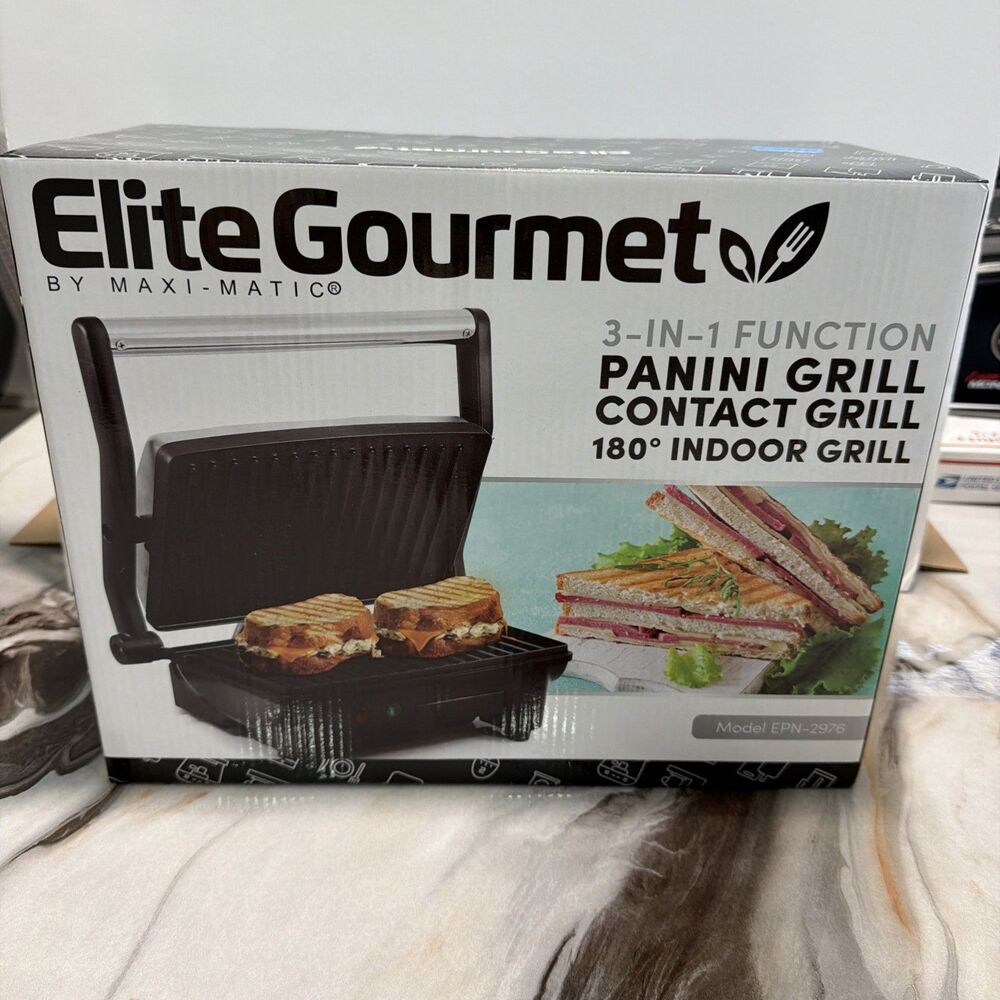 Elite Gourmet 3-in-1 Panini Press, Contact Grill/180° Indoor Grill EPN-2976 NIB
